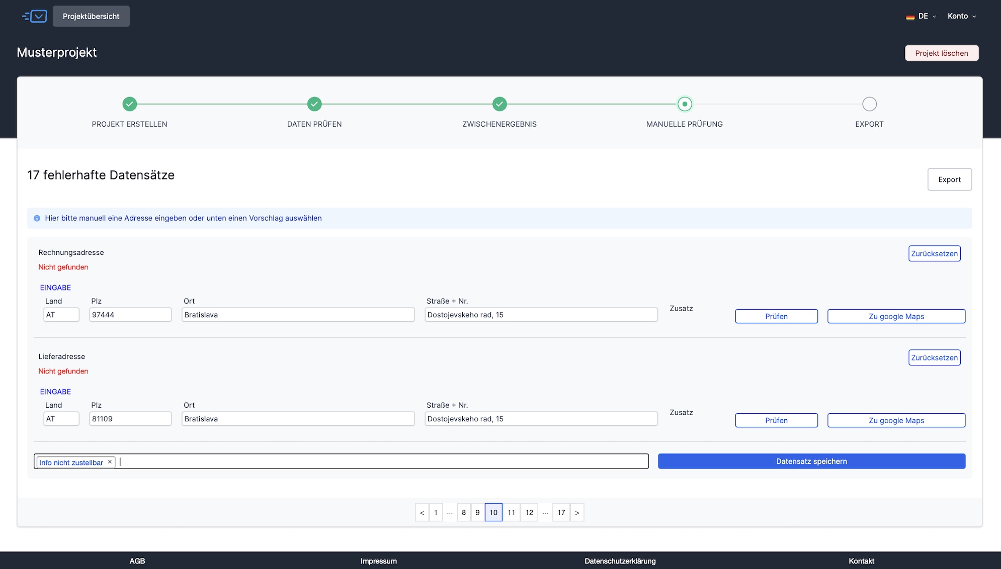 Endereco mass check for incorrect data records